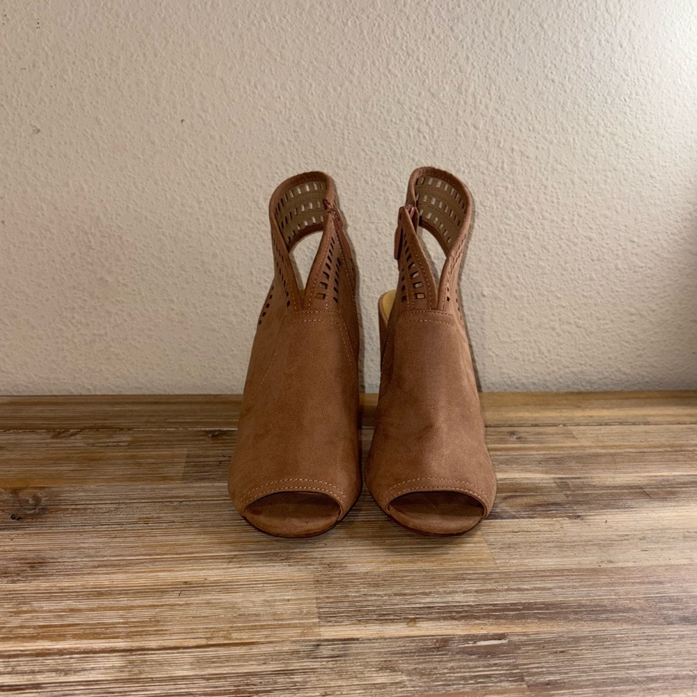 Brown Stacked Heel Peep-Toe Heels